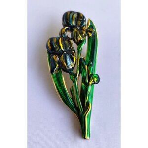 Vintage MFA MUSEUM OF FINE ARTS Enamel Iris Flower Pin Brooch Blue Green 2 3/4"